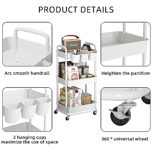 JIUYOTREE 3-Tier Plastic Rolling Storage Cart Utility Cart with Extra Hanging Cups Handles Lockable Wheels for Living Room Bathroom Kitchen Office White