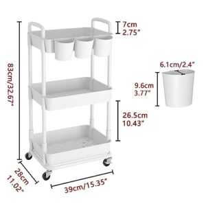 JIUYOTREE 3-Tier Plastic Rolling Storage Cart Utility Cart with Extra Hanging Cups Handles Lockable Wheels for Living Room Bathroom Kitchen Office White