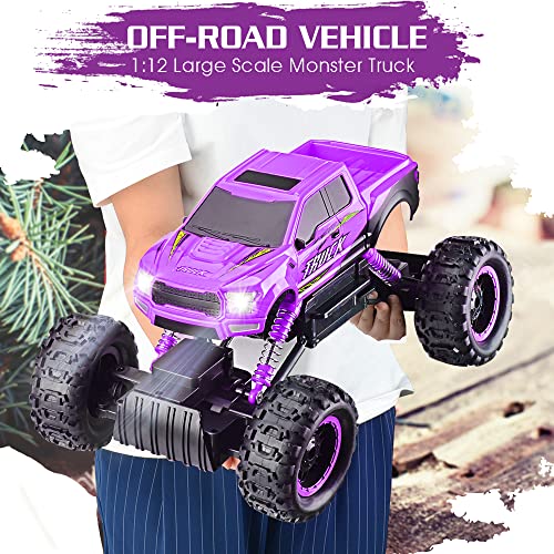 DOUBLE E Remote Control Car for Girls 1/12 Scale Monster Trucks Dual Motors Off Road RC Trucks, Girls Toys Gifts for Girls Daughter Kids, Birthday Gift Ideas, Purple