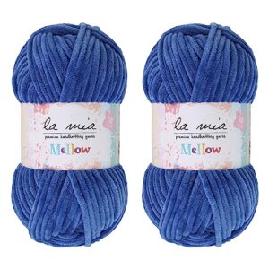 2 skein la mia mellow velvet chenille yarn for knitting and crocheting baby clothes, blankets and accessories, 100% polyester, 100 gr (3.5 oz) / 115 m (125 yards), super bulky, blue - 936