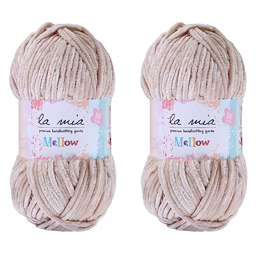 2 Skein La Mia Mellow Velvet Chenille Yarn for Knitting and Crocheting Baby Clothes, Blankets and Accessories, 100% Polyester, 100 gr (3.5 oz) / 115 m (125 Yards), Super Bulky, Beige - 943