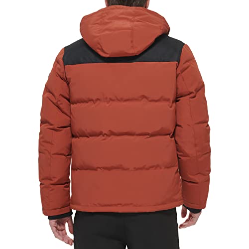 DKNY Men's Shawn Quilted Mixed Media Hooded Puffer Jacket, Arabian Spice, Medium