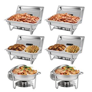 restlrious chafing dish buffet set 6 pks, stainless steel 5qt round & 8qt rectangle foldable chafers & buffet warmers set, w/full & half size food pan, water pan, fuel holder & lid for catering event