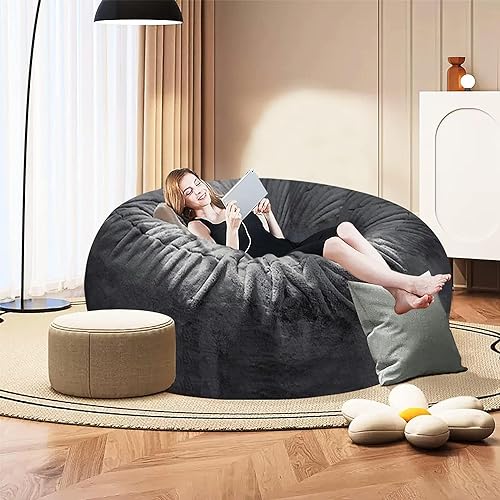 Bean Bag Chairs, 7ft Giant Bean Bag Chair for Adults, Big Bean Bag Cover Comfy Large Bean Bag Bed (No Filler, Cover only) Fluffy Lazy Sofa (Dark Grey), 7ft(180*80cm)(Black)