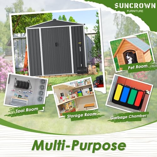 SUNCROWN Outdoor Backyard Garden Storage Shed 4X6 FT Yard Storage Tool with Sliding Door for Lawn Equipment Garden Backyard - Grey