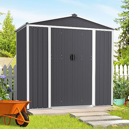 SUNCROWN Outdoor Backyard Garden Storage Shed 4X6 FT Yard Storage Tool with Sliding Door for Lawn Equipment Garden Backyard - Grey