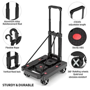 Folding Hand Truck Dolly, Yolid Foldable Luggage Cart with 360° Rotate Wheels and Elastic Ropes, Portable Flatbed Cart Collapsible Hand Truck for Moving, Luggage, Travel, Shopping, Office Use