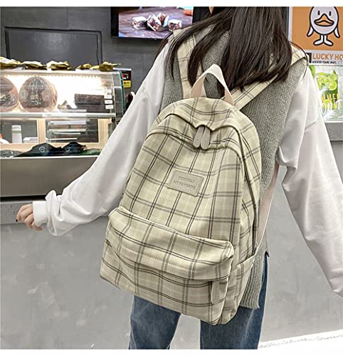 Aesthetic Backpack Kawaii Casual Plaid Daypack Preppy Backpack Back to School Light Academia Bookbags for Girls (Beige) One Size