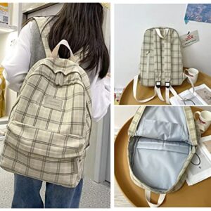 Aesthetic Backpack Kawaii Casual Plaid Daypack Preppy Backpack Back to School Light Academia Bookbags for Girls (Beige) One Size