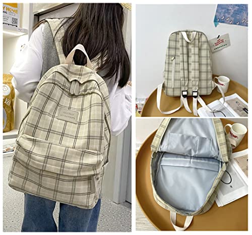 Aesthetic Backpack Kawaii Casual Plaid Daypack Preppy Backpack Back to School Light Academia Bookbags for Girls (Beige) One Size