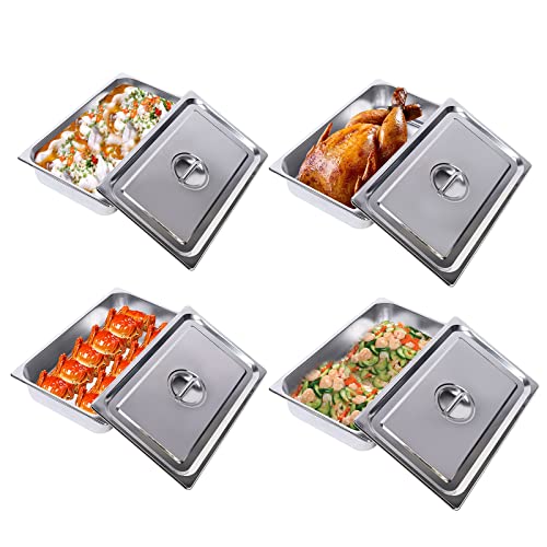 4 Pcs Pans Full Size, 4 Inch Deep Stainless Steel Steam Pan with Lid, Hotel Pans Steam Table Pan Buffet Pans Stainless Steel Food Warmer with Lids, Food Tray with Cover Food Pan Catering Supplies