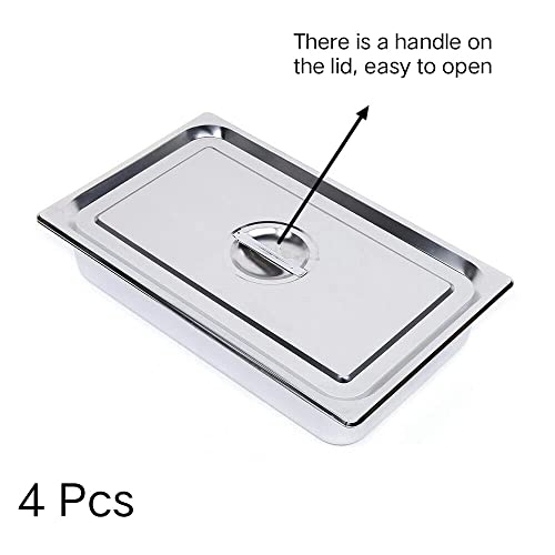 4 Pcs Pans Full Size, 4 Inch Deep Stainless Steel Steam Pan with Lid, Hotel Pans Steam Table Pan Buffet Pans Stainless Steel Food Warmer with Lids, Food Tray with Cover Food Pan Catering Supplies