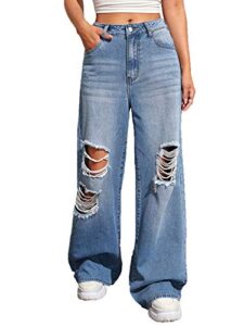 sweatyrocks women's casual high waisted wide leg ripped denim jeans with pocket blue l