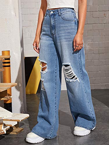 SweatyRocks Women's Casual High Waisted Wide Leg Ripped Denim Jeans with Pocket Blue L