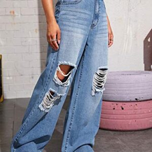 SweatyRocks Women's Casual High Waisted Wide Leg Ripped Denim Jeans with Pocket Blue L