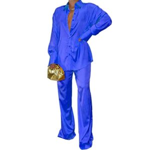 satin two piece outfits for women - silk long sleeve button down wide leg loungewear pajama set fashion streetwear blue