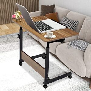 laptop cart 31.5" mobile table movable sofa side table with tilt tabletop portable tray table for home office height adjustable notebook computer workstation with lockable wheels (oak)