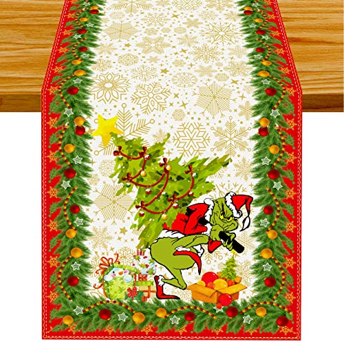 Linen Grinch Christmas Decorations Christmas Table Runner Merry Grinchmas Grinch Table Runner Tablecloth Christmas Xmas Winter Holiday Home Kitchen Dining Room Table Decorations 13x72 Inch