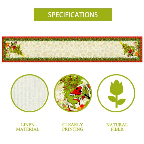 Linen Grinch Christmas Decorations Christmas Table Runner Merry Grinchmas Grinch Table Runner Tablecloth Christmas Xmas Winter Holiday Home Kitchen Dining Room Table Decorations 13x72 Inch