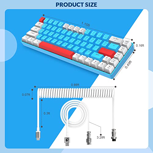 ZIYOU LANG RK-T8 Wired 65% Mechanical Gaming Keyboard with RGB LED Backlit Anti-ghosting TKL Mini 68 Key Custom Coiled C to A Cable Tactile Blue Switch for PS4 PS5 Xbox PC Mac Gamer(White/Blue/Red)