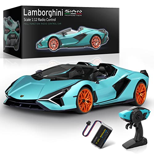 MIEBELY Lamborghini Remote Control Car, 1:12 Scale Lambo Toy Car 7.4V 900mAh Officially Licensed 12Km/h Fast Rc Cars with Led Light 2.4Ghz Model Car for Adults Boys Girls Birthday Ideas Gift - Blue