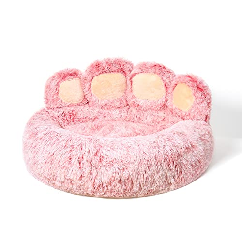 Jiupety Pet Round Bed of Paw Shape, Calming Donut Dog Bed for Medium and Small Dog, Faux Fur Cat Bed, Comfortable and Soft, Machine Washable, Large Size (26"×26"×8"), Pink