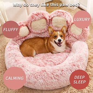 Jiupety Pet Round Bed of Paw Shape, Calming Donut Dog Bed for Medium and Small Dog, Faux Fur Cat Bed, Comfortable and Soft, Machine Washable, Large Size (26"×26"×8"), Pink