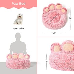 Jiupety Pet Round Bed of Paw Shape, Calming Donut Dog Bed for Medium and Small Dog, Faux Fur Cat Bed, Comfortable and Soft, Machine Washable, Large Size (26"×26"×8"), Pink