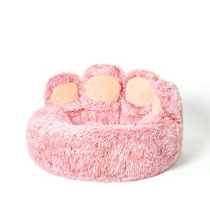 jiupety pet round bed of paw shape, calming donut dog bed for small dog, faux fur cat bed for cat, comfortable and soft, machine washable, medium size (22"×22"×6"), pink