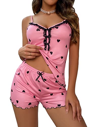 Floerns Women's Contrast Lace Cami Top and Lettuce Trim Bow Knot Shorts Pj Set Light Pink M