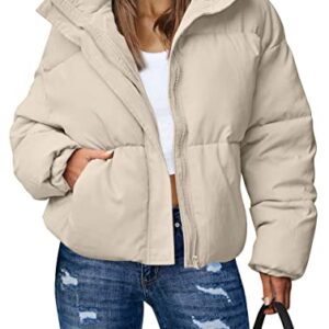 MEROKEETY Women's Long Sleeve Full Zip Puffer Coats Stand Collar Pockets Warm Padded Down Jackets, LightKhaki, L