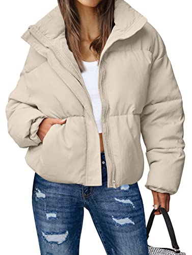 MEROKEETY Women's Long Sleeve Full Zip Puffer Coats Stand Collar Pockets Warm Padded Down Jackets, LightKhaki, L