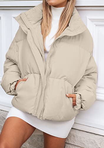 MEROKEETY Women's Long Sleeve Full Zip Puffer Coats Stand Collar Pockets Warm Padded Down Jackets, LightKhaki, L