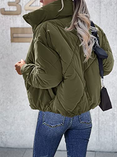 MEROKEETY Women's Long Sleeve Zipper Puffer Jacket Winter Quilted Short Down Coat with Pockets,Green,M