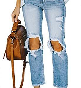 MINGALONDON Ladies Ripped Mom Jeans High Waisted Distressed Stretchy Boyfriend Denim Pants Light Blue L