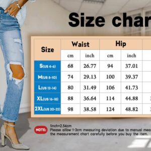 MINGALONDON Ladies Ripped Mom Jeans High Waisted Distressed Stretchy Boyfriend Denim Pants Light Blue L