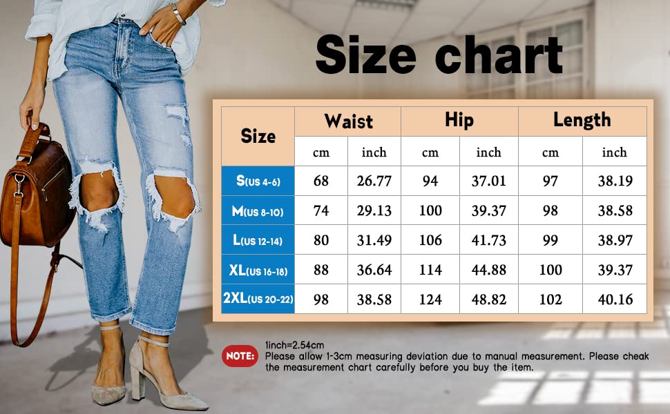 MINGALONDON Ladies Ripped Mom Jeans High Waisted Distressed Stretchy Boyfriend Denim Pants Light Blue L