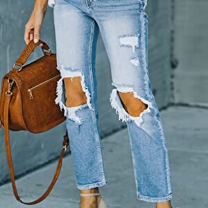 MINGALONDON Ladies Ripped Mom Jeans High Waisted Distressed Stretchy Boyfriend Denim Pants Light Blue L