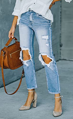 MINGALONDON Ladies Ripped Mom Jeans High Waisted Distressed Stretchy Boyfriend Denim Pants Light Blue L