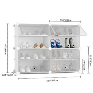 UNZIPE Shoe Rack Organizer, 4 Cube 8 Tier Covered Storage Cabinet 16 Pairs Freestanding DIY Shelves Plastic Shoes for Closet Entryway Hallway Bedroom or Garage, White