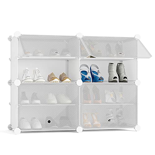 UNZIPE Shoe Rack Organizer, 4 Cube 8 Tier Covered Storage Cabinet 16 Pairs Freestanding DIY Shelves Plastic Shoes for Closet Entryway Hallway Bedroom or Garage, White