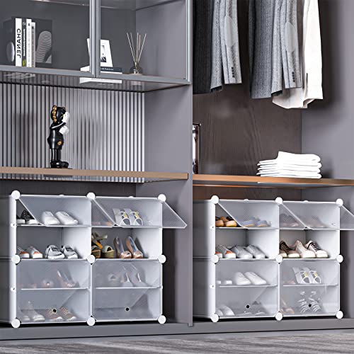 UNZIPE Shoe Rack Organizer, 4 Cube 8 Tier Covered Storage Cabinet 16 Pairs Freestanding DIY Shelves Plastic Shoes for Closet Entryway Hallway Bedroom or Garage, White