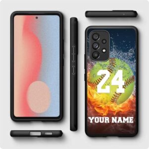 Personalized Name Number Custom Baseball Softball Water Fire Phone case for Samsung Galaxy A53 5G/A03S/A02S/A10E/A12/A13/A32/A33/A42/A51/A52/A71