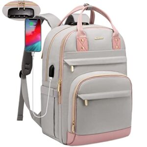 lovevook laptop backpack for women, large capacity travel anti-theft bag business work computer backpacks purse, casual hiking daypack, 15.6 inch, light grey-pink