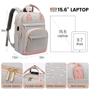 LOVEVOOK Laptop Backpack for Women, Large Capacity Travel Anti-Theft Bag Business Work Computer Backpacks Purse, Casual Hiking Daypack, 15.6 Inch, Light Grey-Pink