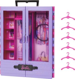 barbie fashionistas playset, ultimate closet with 6 hangers and multiple storage spaces plus fold-out clothing rack