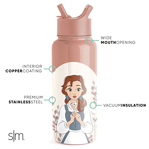 Simple Modern Disney Princess Water Bottle with Straw Lid Vacuum Insulated Stainless Steel Metal Thermos | Gifts for Women Men Reusable Leak Proof Flask | Summit Collection | 32oz Belle on Mauve