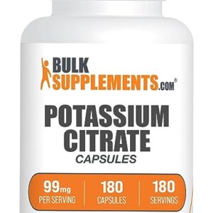 BulkSupplements.com Potassium Citrate Capsules - Potassium Supplement, Potassium Citrate 99mg - Potassium Citrate Supplement, Potassium Pills - 1 Capsule per Serving, 180-Day Supply, 180 Capsules