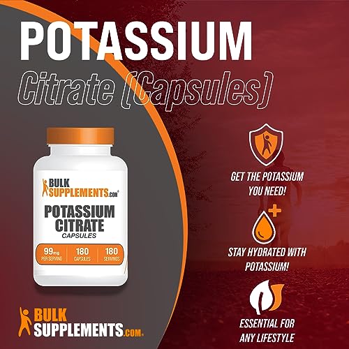 BulkSupplements.com Potassium Citrate Capsules - Potassium Supplement, Potassium Citrate 99mg - Potassium Citrate Supplement, Potassium Pills - 1 Capsule per Serving, 180-Day Supply, 180 Capsules