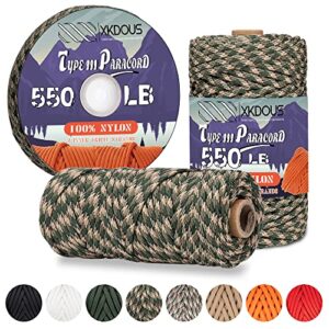 XKDOUS 550 Paracord 120ft Forest Camo Parachute Cord, 100% Nylon 7 Strand Inner Core Type III Tactical Paracord Rope, Outside Survival Gear for Bracelets, Lanyards, Handle Wraps, Camping & Hiking